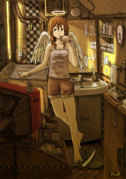 Anime picture 1005x1421 with original inukoko (artist) single tall image short hair brown hair brown eyes barefoot morning girl wings shorts feather (feathers) halo clock seashell television wall clock