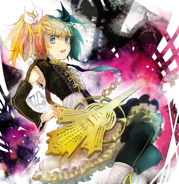 Anime picture 1612x1663 with vocaloid meltdown (vocaloid) kagamine rin m102 (artist) single tall image short hair open mouth blue eyes blonde hair girl thighhighs dress hair ornament black thighhighs detached sleeves hairclip guitar