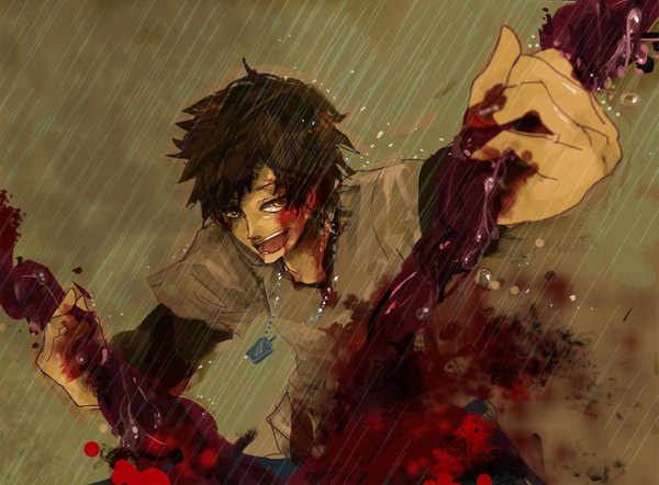 Anime picture 1369x1010 with togainu no chi nitro+chiral keisuke (tnc) azuchi (monica) single short hair open mouth simple background brown hair yellow eyes rain boy blood water drop t-shirt locket