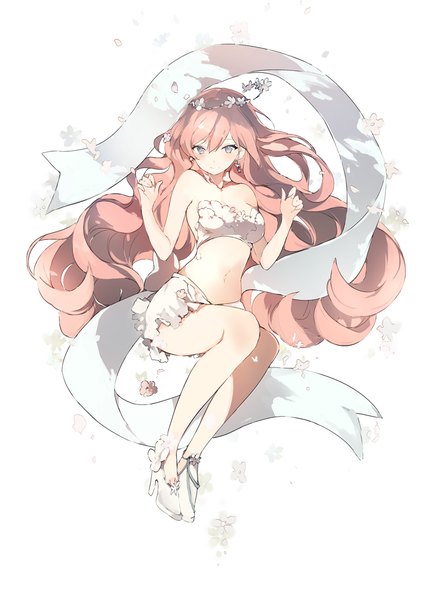 Anime picture 745x1031 with original lpip single long hair tall image looking at viewer blush fringe light erotic simple background hair between eyes white background bare shoulders pink hair full body bent knee (knees) hair flower arm up light smile bare belly