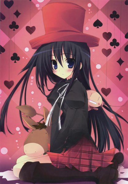 Anime picture 2437x3500 with karory single long hair tall image blush highres blue eyes black hair girl hat card (cards) top hat donkey