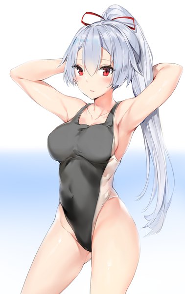 Anime picture 1200x1900 with fate (series) fate/grand order tomoe gozen (fate) silver (chenwen) single long hair tall image looking at viewer blush fringe breasts light erotic simple background hair between eyes red eyes large breasts white background payot silver hair ponytail