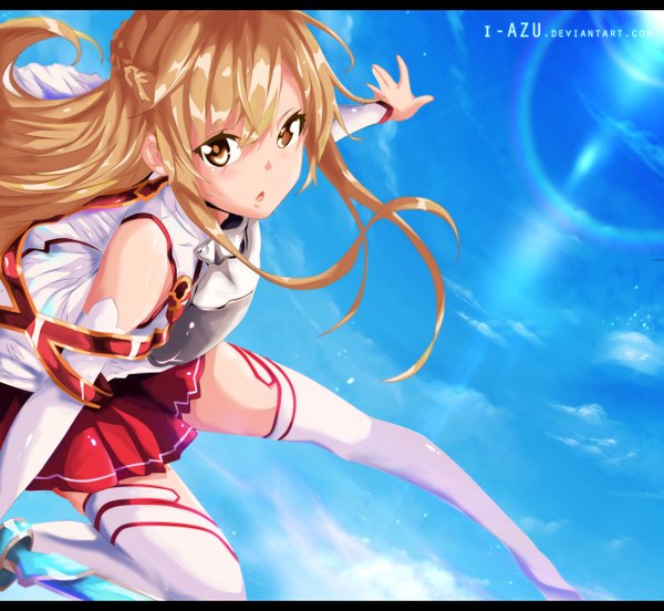 Anime picture 1300x1196 with sword art online a-1 pictures yuuki asuna i-azu single long hair brown hair brown eyes sky cloud (clouds) pleated skirt sunlight :o coloring letterboxed girl thighhighs weapon white thighhighs sword
