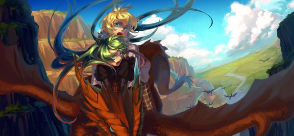 Anime picture 2000x933 with vocaloid hatsune miku kagamine len mizukai long hair highres open mouth blue eyes blonde hair wide image twintails multiple girls green hair couple flying fantasy rock girl 2 girls dragon