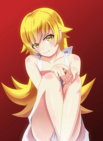 Anime picture 728x1000 with bakemonogatari shaft (studio) monogatari (series) oshino shinobu you06 single long hair tall image looking at viewer blush blonde hair simple background yellow eyes red background girl dress sundress