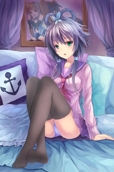 Anime picture 2000x3000 with vocaloid vocaloid china luo tianyi youxuemingdie single long hair tall image highres blue eyes light erotic grey hair pantyshot pantyshot sitting girl thighhighs uniform hair ornament underwear panties black thighhighs
