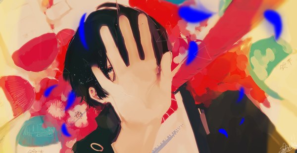 Anime picture 1137x586 with original maydell single short hair black hair wide image signed lying black eyes boy petals hands