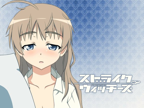 Anime picture 1600x1200 with strike witches lynette bishop long hair blue eyes ahoge inscription open clothes open shirt shirt