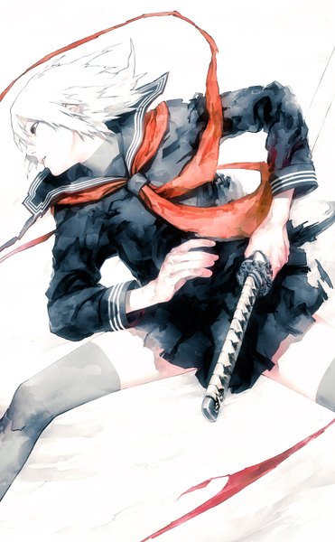 Anime picture 2000x3236 with first squad nadya ruslanova iwai ryo single tall image highres short hair simple background red eyes white background silver hair profile ready to draw girl thighhighs uniform weapon school uniform sword serafuku