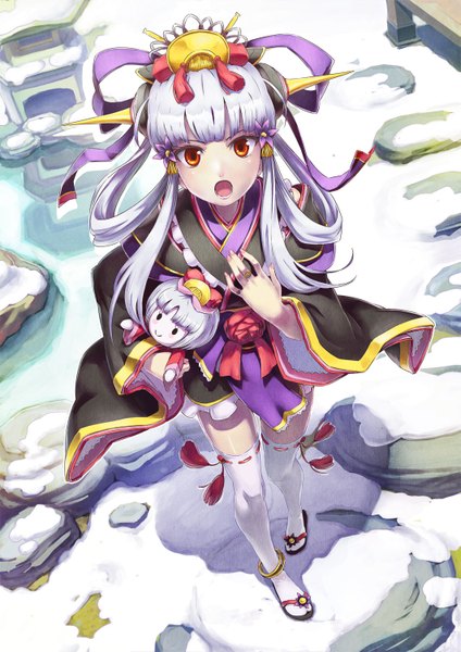 Anime picture 1061x1500 with fukukitaru single long hair tall image open mouth red eyes white hair nail polish traditional clothes japanese clothes hair flower wide sleeves shadow snowing winter snow girl thighhighs hair ornament flower (flowers)