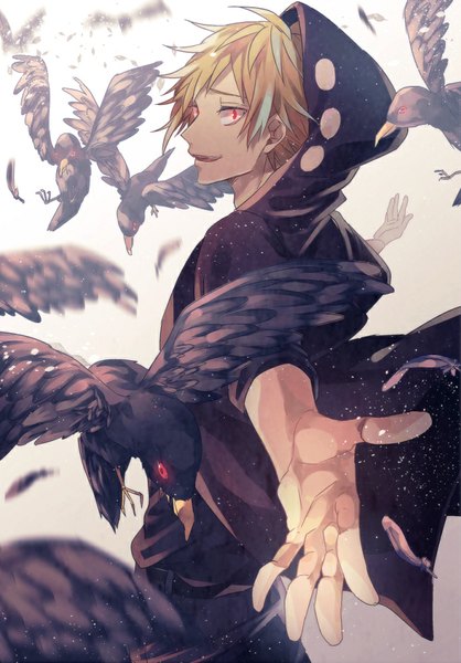 Anime picture 687x986 with kagerou project shaft (studio) kano shuuya ailm single tall image looking at viewer fringe short hair blonde hair standing looking back glowing spread arms glowing eye (eyes) boy hood pants feather (feathers) crown