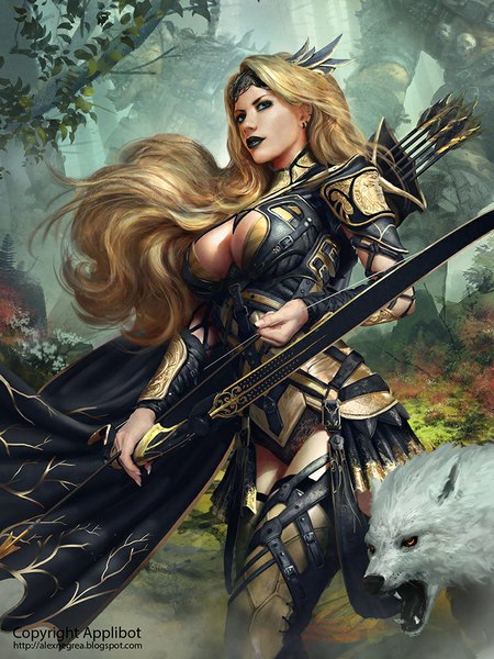 Anime picture 750x1000 with legend of the cryptids alexnegrea single long hair tall image breasts blue eyes blonde hair large breasts lipstick head wings black lipstick girl weapon plant (plants) animal wings tree (trees) cape forest