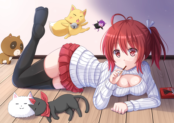 Anime picture 1337x945 with gochuumon wa usagi desu ka? nichijou original kyoto animation white fox tippy (gochiusa) sakamoto (nichijou) kazenokaze single looking at viewer short hair light erotic red eyes ponytail red hair lying zettai ryouiki girl thighhighs skirt