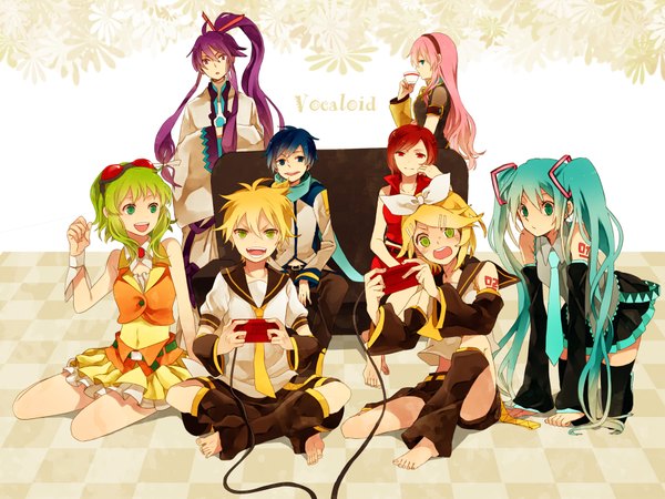 Anime picture 1800x1350 with vocaloid hatsune miku megurine luka kagamine rin kagamine len gumi kaito (vocaloid) meiko kamui gakupo ono (0 no) long hair looking at viewer fringe highres short hair open mouth blue eyes red eyes sitting purple eyes