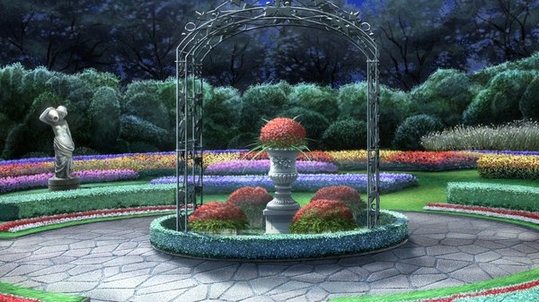 Anime picture 1280x720 with kasshoku kyonyuu no onna senshi marguerite no junan! wide image game cg no people nature flower (flowers) plant (plants) tree (trees) statue garden