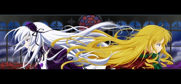 Anime picture 3200x1500 with rozen maiden suigintou shinku solwyvern long hair highres blue eyes blonde hair wide image purple eyes multiple girls white hair profile letterboxed vector third-party edit detexted dualscreen girl dress