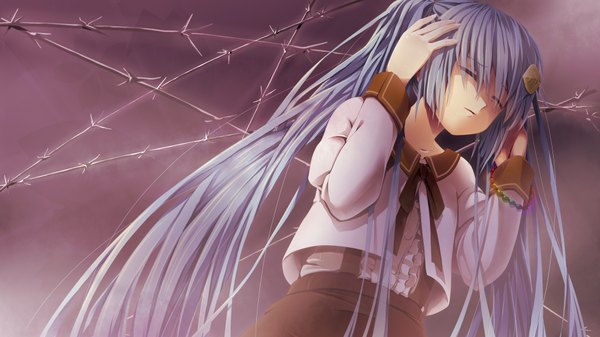 Anime picture 1920x1080 with vocaloid hatsune miku chimuchimu (drowandpaint) single highres wide image twintails blue hair eyes closed very long hair girl dress hair ornament barbed wire
