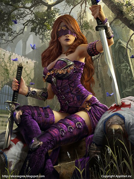 Anime picture 750x1000 with legend of the cryptids alexnegrea single long hair tall image brown hair sitting nail polish realistic inscription lipstick bandage over eyes girl weapon plant (plants) sword tree (trees) bracelet insect butterfly