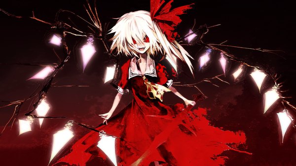 Anime picture 1920x1080 with touhou flandre scarlet banpai akira single looking at viewer highres short hair open mouth blonde hair smile red eyes wide image teeth fang (fangs) dark background vampire girl dress bow weapon