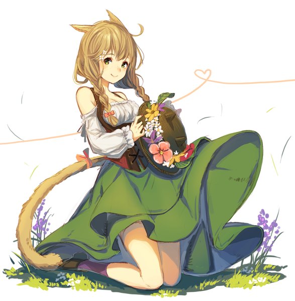 Anime picture 1076x1100 with final fantasy final fantasy xiv square enix miqo'te yu-ri long hair tall image looking at viewer blush blonde hair smile standing bare shoulders holding green eyes animal ears ahoge bent knee (knees) tail braid (braids)