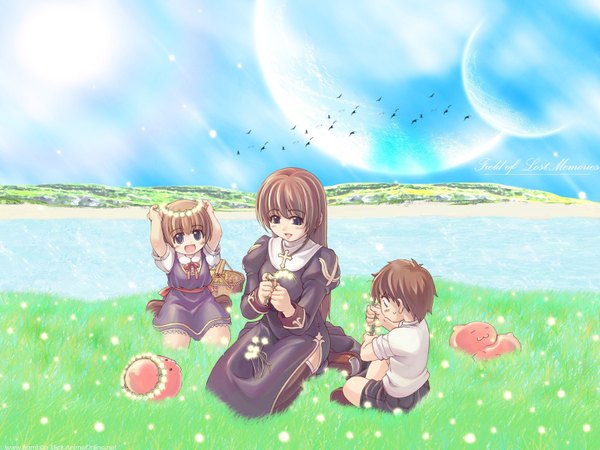 Anime picture 1600x1200 with ragnarok online priest (ragnarok online) poring xration long hair looking at viewer fringe short hair brown hair sitting multiple girls holding payot looking away sky full body outdoors arm up black eyes loli