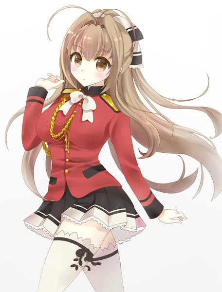 Anime picture 925x1216 with amagi brilliant park kyoto animation sento isuzu reami single long hair tall image blush breasts simple background brown hair large breasts standing white background brown eyes ahoge ponytail pleated skirt floating hair walking