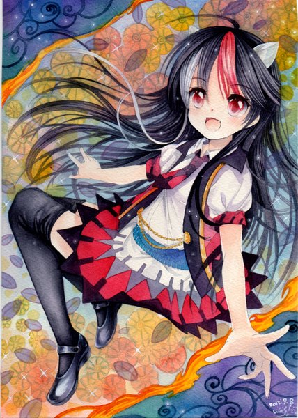 Anime picture 1069x1500 with touhou kijin seija seija kijin mosho single long hair tall image blush open mouth black hair red eyes signed ahoge multicolored hair horn (horns) streaked hair traditional media watercolor (medium) girl thighhighs