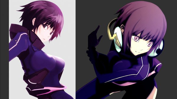 Anime picture 1280x720 with senko no ronde sogabe shuuji takayama mizuki short hair wide image purple eyes purple hair wallpaper bodysuit sakurako sanjo