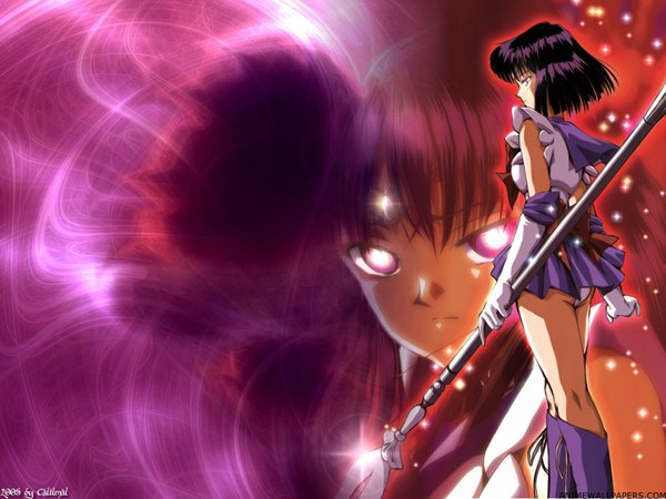 Anime picture 1024x768 with bishoujo senshi sailor moon toei animation tomoe hotaru sailor saturn looking at viewer short hair black hair purple eyes girl gloves glaive tagme