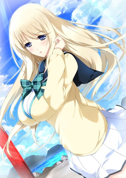 Anime picture 853x1211 with lovely x cation 2 hibiki works yoshinoya seine minamon (vittel221) single long hair tall image blush fringe breasts open mouth blue eyes large breasts sky cloud (clouds) outdoors white hair pleated skirt wind sunlight