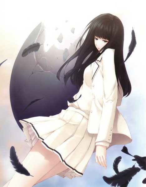 Anime picture 780x1000 with kara no shoujo innocent grey kuchiki toko sugina miki single long hair tall image looking at viewer brown hair standing white background brown eyes pleated skirt girl skirt uniform school uniform miniskirt feather (feathers) eggshell