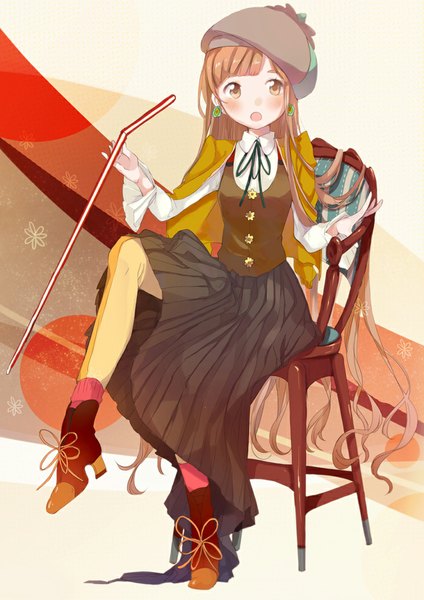Anime picture 744x1052 with original yukijirushi yukiko-tan fly (marguerite) single tall image blush fringe open mouth blonde hair sitting yellow eyes looking away very long hair pleated skirt clothes on shoulders girl skirt earrings black skirt