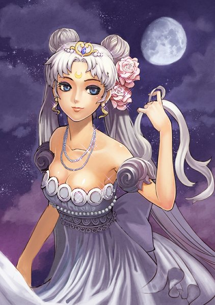 Anime picture 800x1138 with bishoujo senshi sailor moon toei animation tsukino usagi princess serenity yukiusagi1983 single tall image breasts blue eyes twintails bare shoulders silver hair cloud (clouds) very long hair hair flower night hair bun (hair buns) night sky girl dress