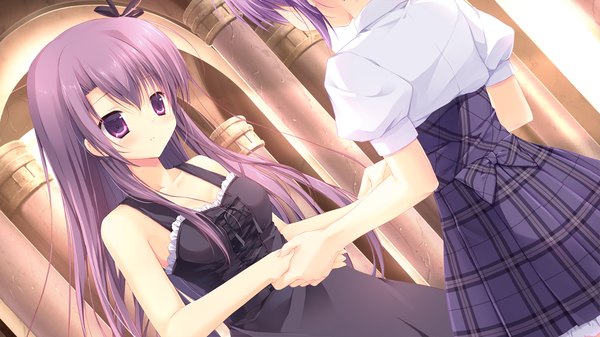 Anime picture 1280x720 with izayoi no fortuna fuyutsuki shigure fuyutsuki kona miyasaka miyu long hair blush wide image purple eyes multiple girls game cg purple hair girl dress uniform ribbon (ribbons) 2 girls hair ribbon school uniform