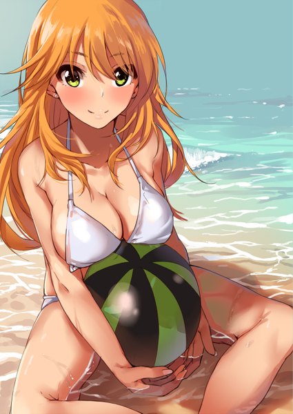 Anime picture 1000x1411 with idolmaster hoshii miki kurokin single long hair tall image looking at viewer blush fringe breasts light erotic smile sitting holding cleavage white hair girl swimsuit bikini water