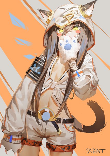Anime picture 2480x3507 with original kentllaall single long hair tall image looking at viewer fringe highres breasts hair between eyes brown hair signed animal ears yellow eyes absurdres tail animal tail cat ears cat tail tattoo