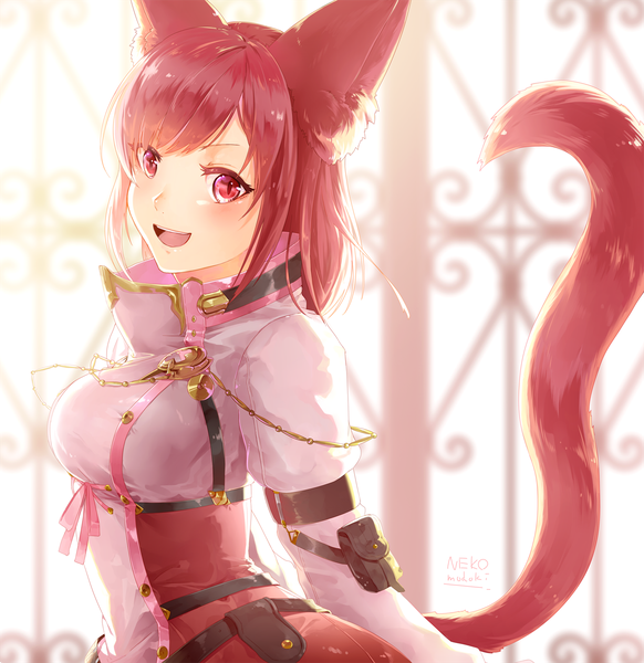 Anime picture 1456x1500 with final fantasy final fantasy xiv square enix miqo'te lili mdoki single tall image looking at viewer blush fringe short hair open mouth smile red eyes signed animal ears upper body red hair tail :d