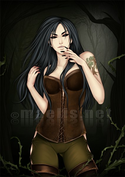 Anime picture 637x900 with original m-aelis single long hair tall image black hair bare shoulders signed nail polish fingernails black eyes night tattoo sleeveless watermark finger to mouth long fingernails black nail polish girl plant (plants)