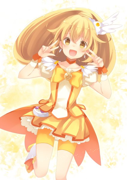 Anime picture 1000x1414 with precure smile precure! toei animation kise yayoi cure peace marotti single long hair tall image looking at viewer blush open mouth blonde hair yellow eyes girl dress hair ornament bowtie