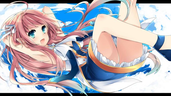 Anime picture 1599x900 with original sum (pixiv id4404716) single long hair open mouth blue eyes brown hair wide image looking away cloud (clouds) pointy ears armpit (armpits) arms behind head girl dress