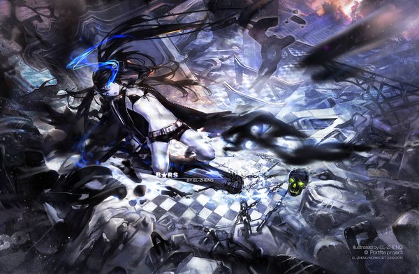 Anime picture 2000x1310 with black rock shooter black rock shooter (character) el-zheng single looking at viewer highres open mouth blue eyes black hair twintails very long hair inscription glowing glowing eye (eyes) pale skin checkered floor floor destruction explosion uneven twintails