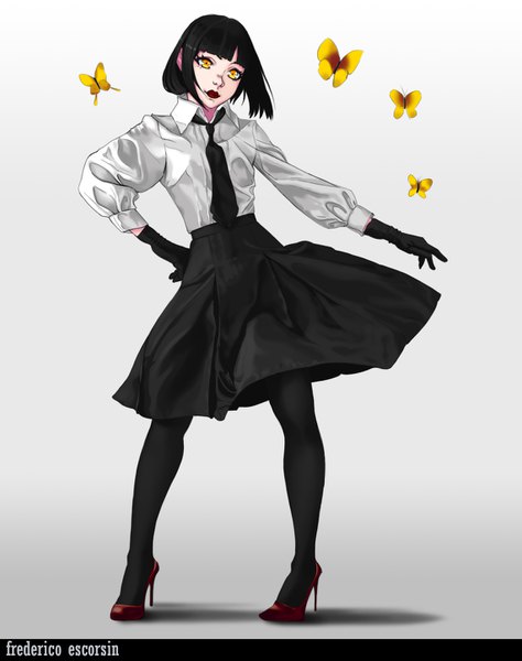 Anime picture 1142x1444 with original fredericoescorsin single tall image fringe short hair black hair simple background yellow eyes looking away full body blunt bangs shadow high heels hand on hip lipstick gradient background red lipstick girl thighhighs