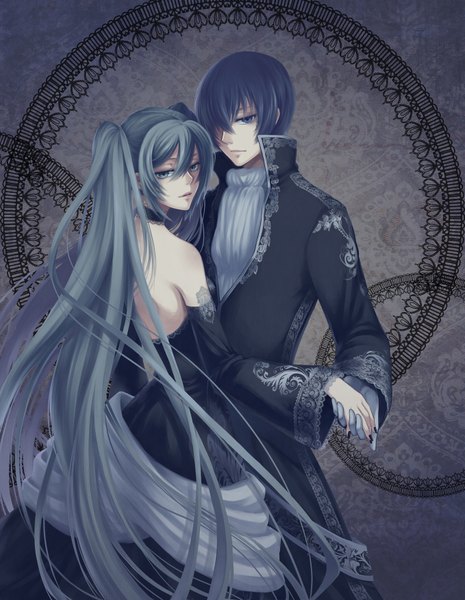 Anime picture 1358x1754 with vocaloid cantarella (vocaloid) hatsune miku kaito (vocaloid) crodire (artist) long hair tall image fringe short hair blue eyes twintails blue hair very long hair nail polish looking back aqua eyes hair over one eye aqua hair couple back