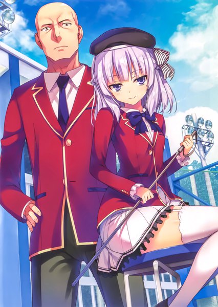 Anime picture 4795x6750 with youkoso jitsuryoku shijou shugi no kyoushitsu e sakayanagi arisu katsuragi kouhei tomose shunsaku tall image looking at viewer fringe highres smile standing sitting purple eyes holding absurdres sky silver hair outdoors blunt bangs long sleeves pleated skirt