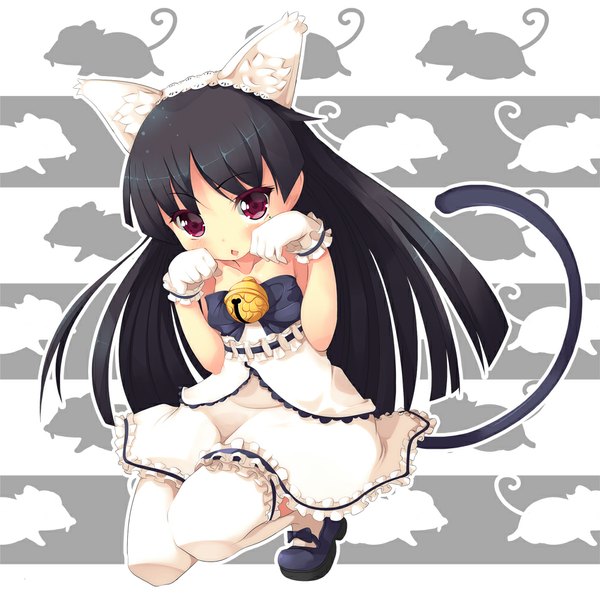 Anime picture 1000x1000 with ore no imouto ga konna ni kawaii wake ga nai gokou ruri koflif single long hair blush black hair red eyes animal ears cat ears cat girl loli cat tail girl thighhighs dress gloves white thighhighs frills bell