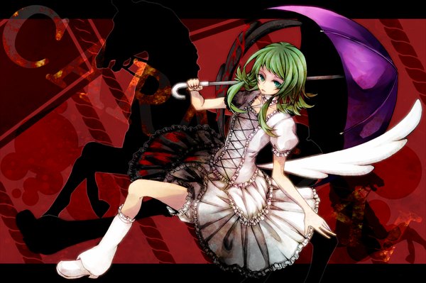 Anime picture 1300x866 with vocaloid gumi short hair green eyes green hair girl dress wings umbrella