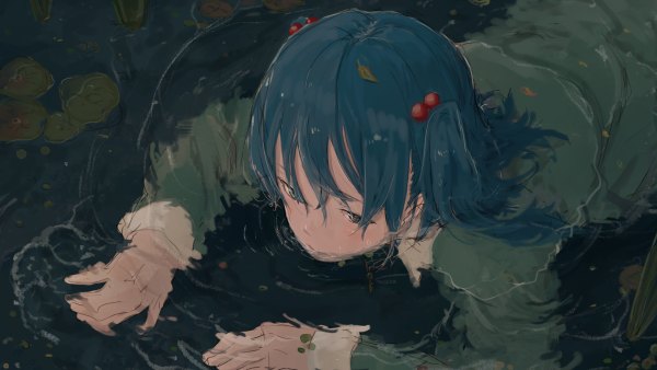 Anime picture 1200x676 with touhou kawashiro nitori yushika single fringe short hair blue eyes hair between eyes wide image blue hair lying two side up partially submerged afloat no hat girl flower (flowers) water hair tie hair bobbles