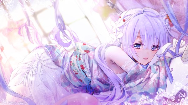 Anime picture 1728x972 with azur lane unicorn (azur lane) kinami yuki single long hair looking at viewer highres open mouth wide image purple eyes purple hair traditional clothes japanese clothes girl dress gloves elbow gloves white gloves white dress kimono
