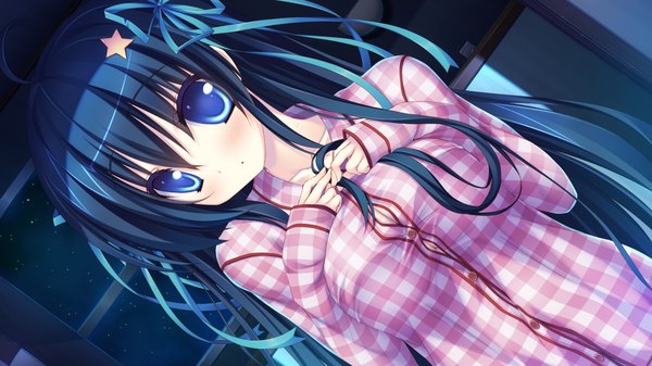Anime picture 1280x720 with amatarasu riddle star arisu yua single long hair looking at viewer blue eyes wide image blue hair game cg girl ribbon (ribbons) hair ribbon pajamas