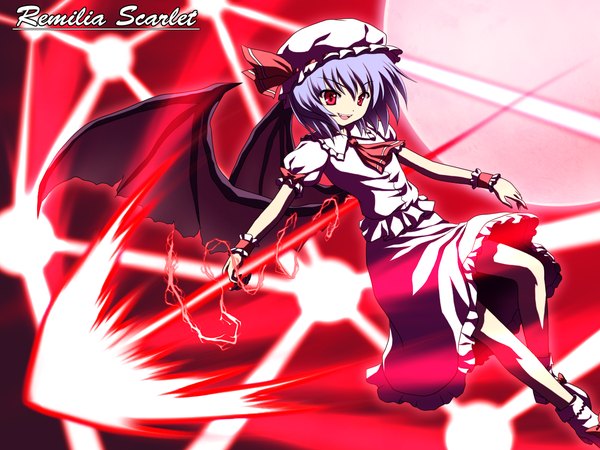 Anime picture 1280x960 with touhou remilia scarlet yamasan single short hair red eyes purple hair full body puffy sleeves character names girl hat wings bonnet ascot spear the gungnir